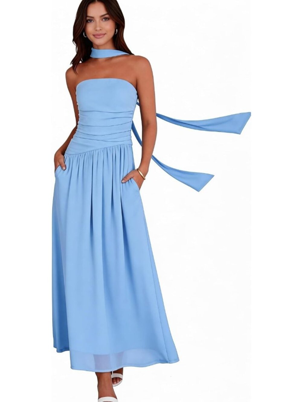 Women's Blue Strapless Ruched Elastic Waist Flowy Aline Fit Cocktail Maxi Dress